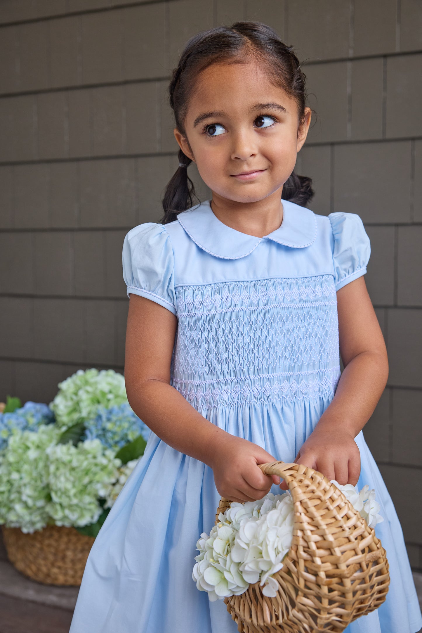 Smocked Emery Dress - Light Blue with White
