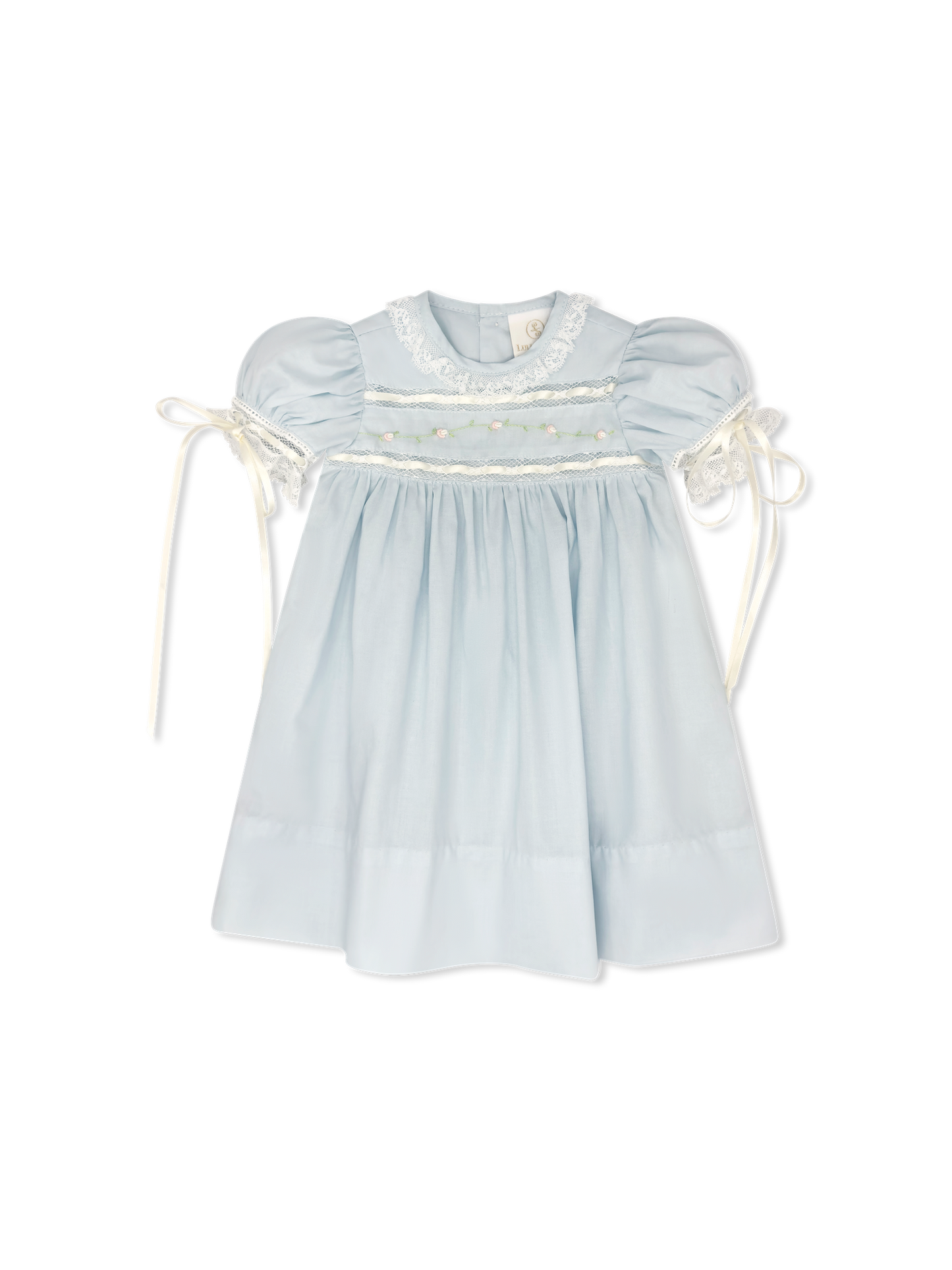 Tiny Town Dress - Blessings Blue Batiste, Floral Embroidery
