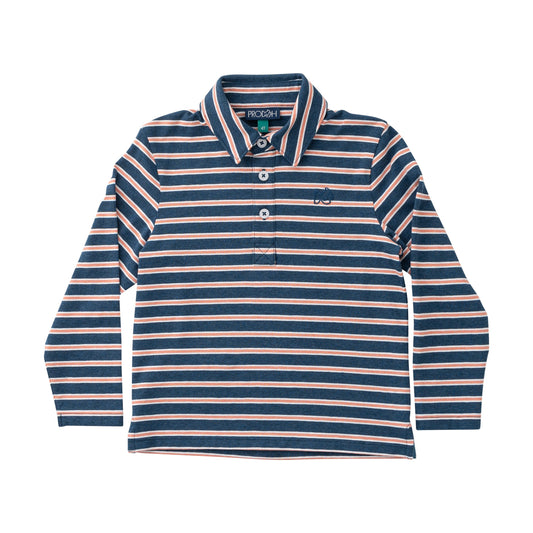Boys Long Sleeve Too Cool for School Polo -  Dark Denim Crabapple Stripe