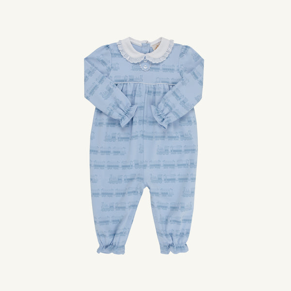 Long Sleeve Mary Dal Romper- Blue Choo Choos/Worth Ave White