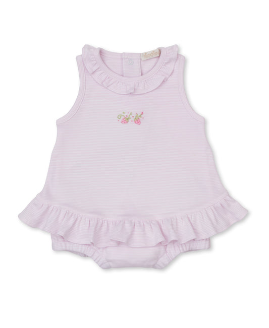 Pink Stripe Hand Embroidered Bubble- Strawberries