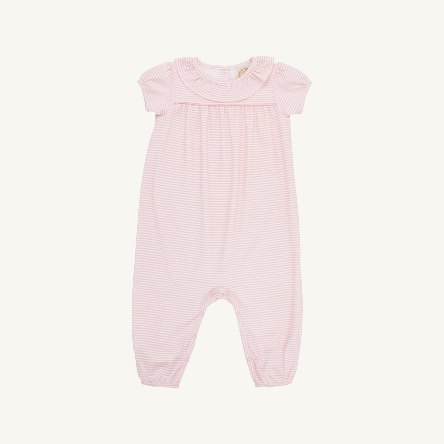 Short Sleeve Ramona Ruffle Romper- Sandpearl Pink Stripe/Sandpearl Pink