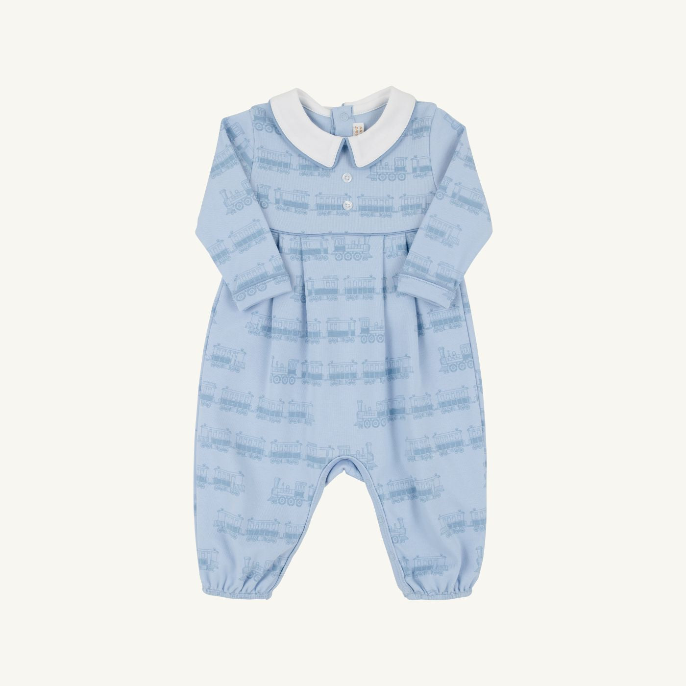 Long Sleeve Bradford Romper- Collar- Heavy Weight-Blue Choo Choos/Worth Ave White