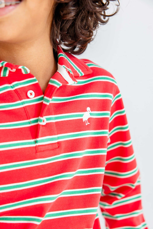 Prim and Proper Polo LS-Pima-Red/Green Stripe