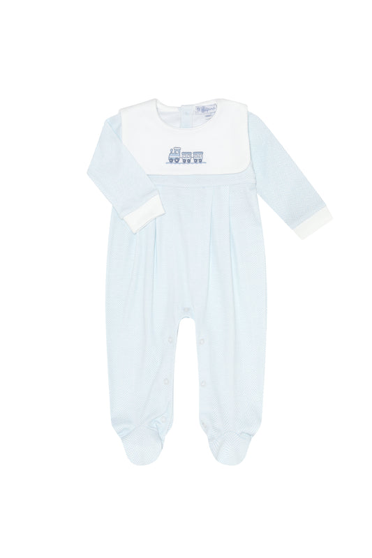 Blue Herringbone Embroidered Collared Footie- Train