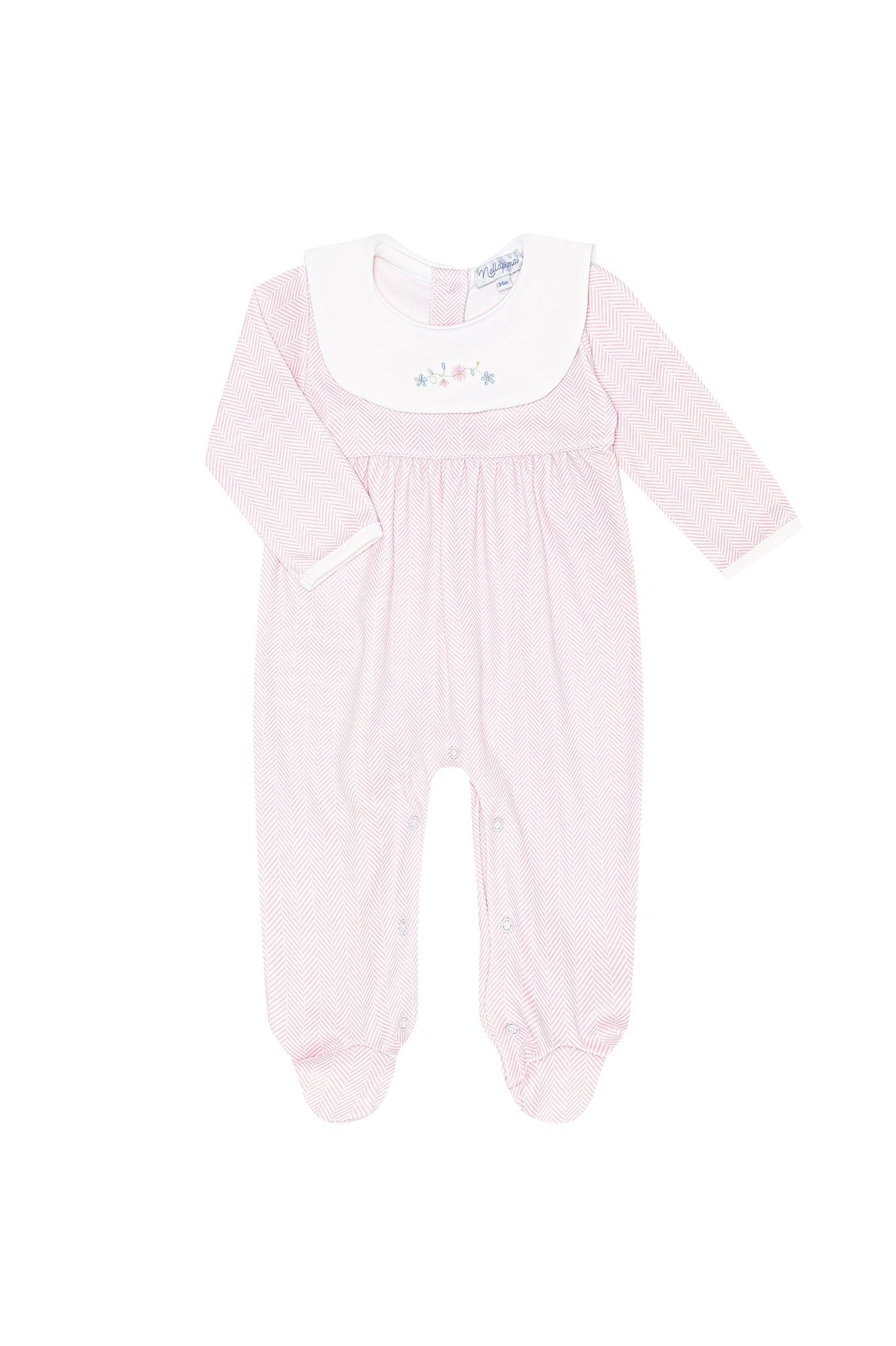 Pink Herringbone Embroidered Collared Footie-Flowers