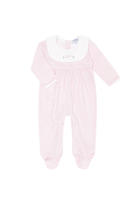 Pink Herringbone Embroidered Collared Footie-Flowers